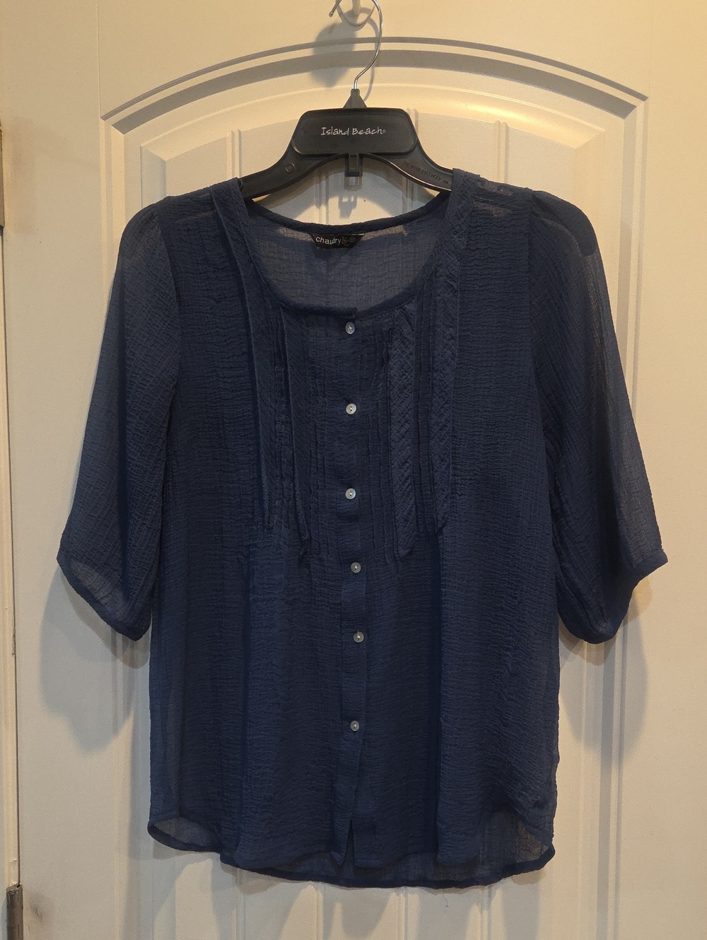 Chaudry KC M Navy Pintuck Button-Front Sheer Blouse